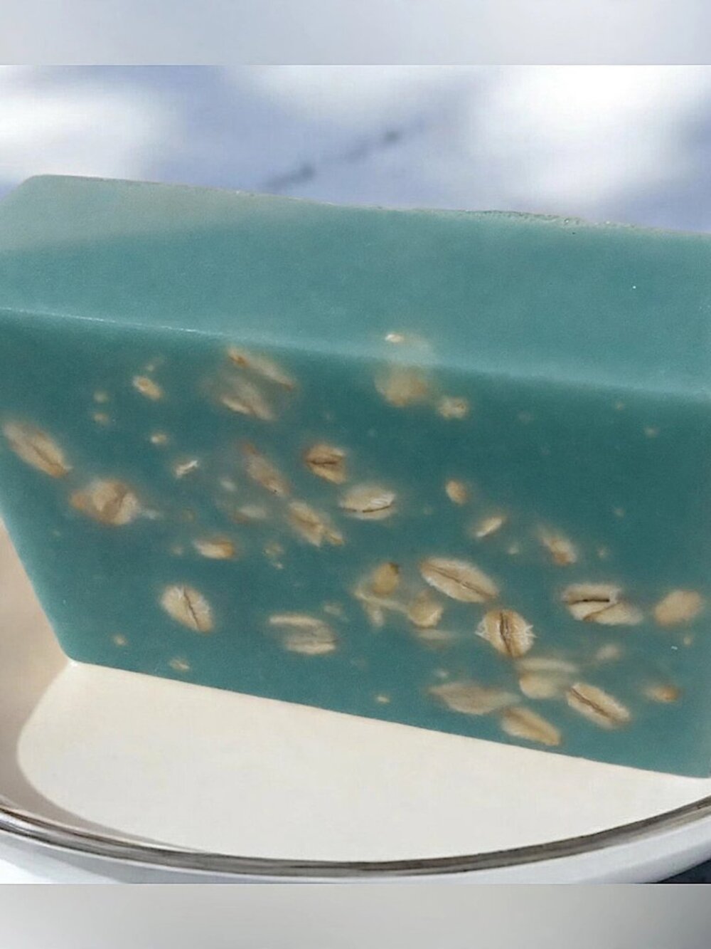 Teal cucumber oatmeal scrub soap handmade 3x2in 6oz oatmeal based soap